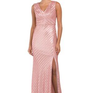Rene Ruiz Pink Sequin Side Slit V-Neck Gown